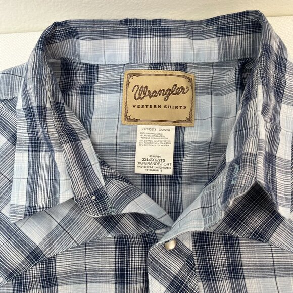 Wrangler Western Shirt Blue Plaid Pearl Snap Short Sleeve Button Up Men's 2XL - Picture 5 of 8